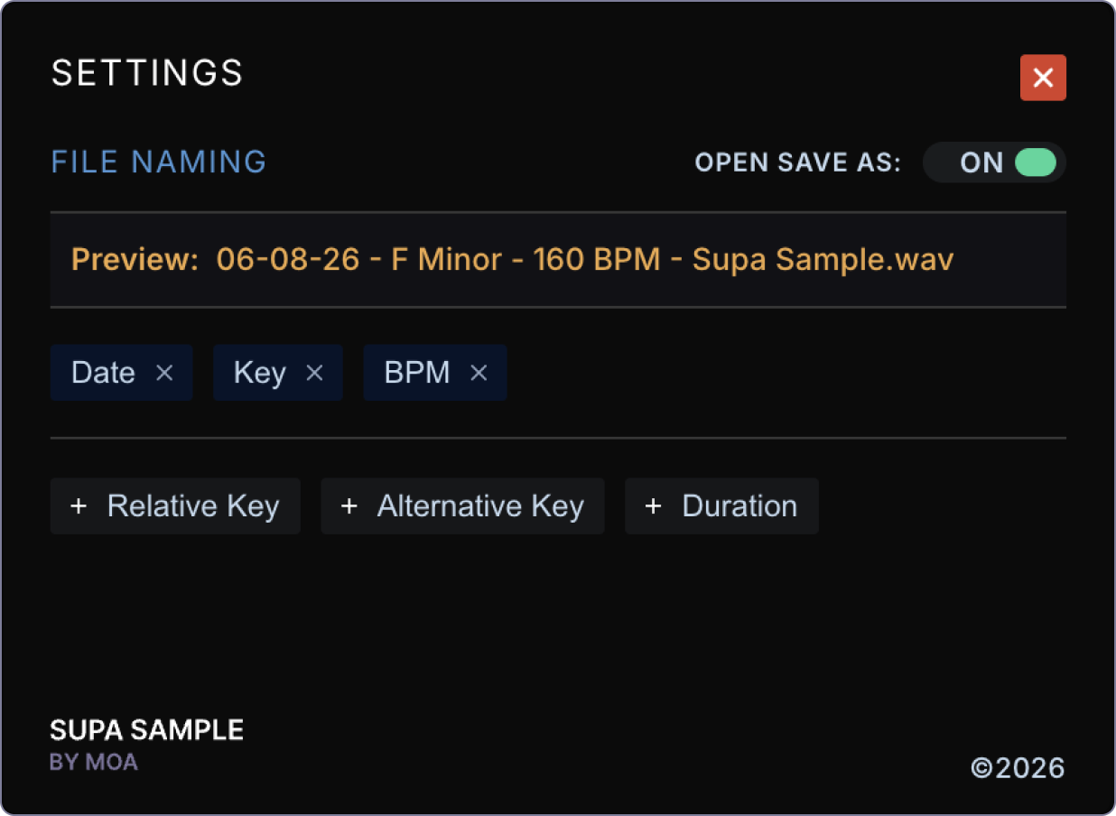 Supa Sample settings page